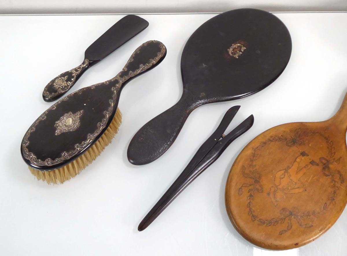 Seven early 20th century ebonised and metalware mounted dressing table items, a similar pair of - Image 2 of 3