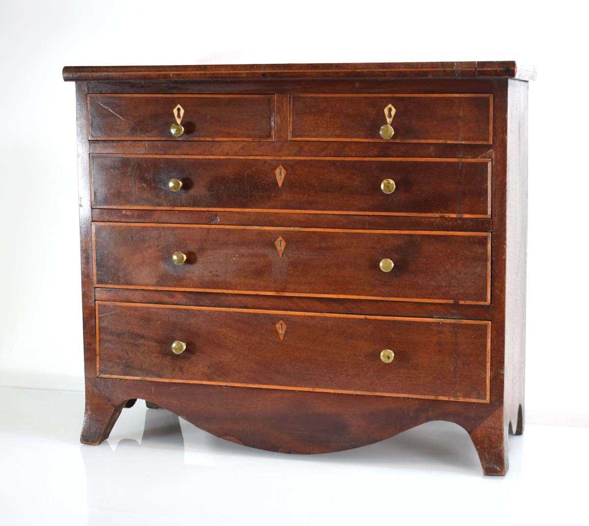 An 18th century oak and crossbanded table-top or miniature/apprentice chest of two short over two - Image 2 of 4