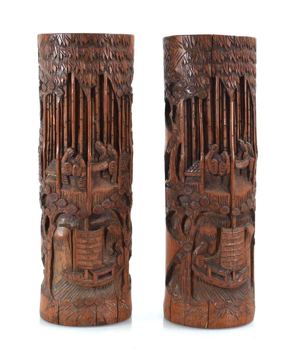 A pair of Chinese Export carved bamboo brush pots, h. 30.5 cm These are uncarved to the backs. There