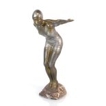 An Art Deco style aluminium figure modelled as a bather with a brown patinated body, unmarked, h. 25