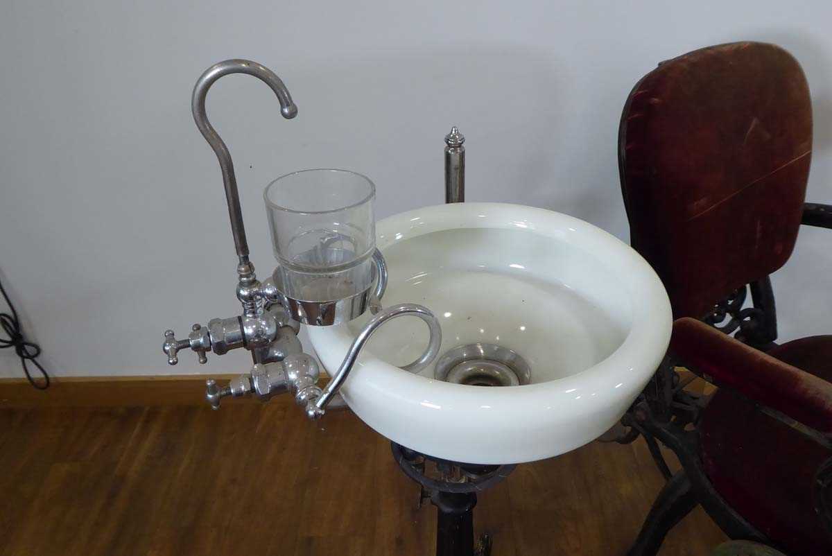 A 19th century cast metal reclining dentists' chair, a WDM Co. pedal operated drill and a rinsing - Image 3 of 14
