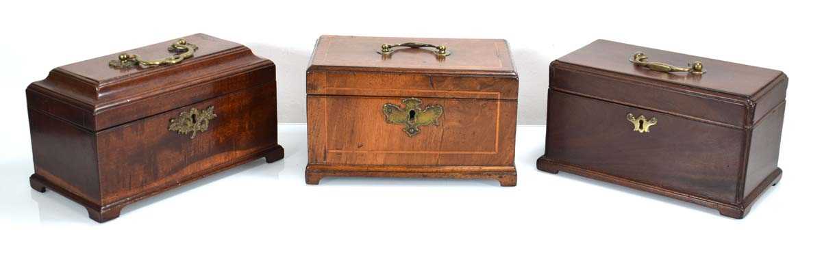 A group of three mahogany and walnut Georgian caddies/desk boxes on bracket feet (3) - Image 2 of 3