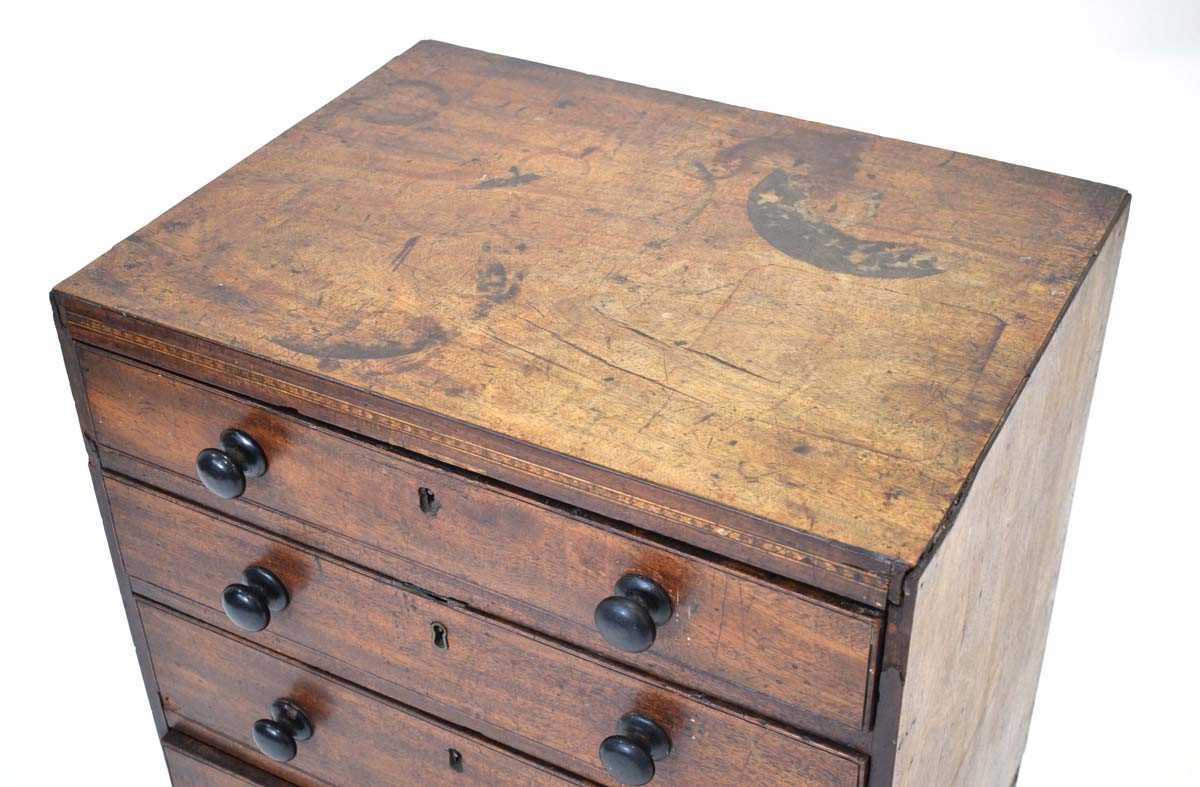 A Georgian mahogany chest of four long graduated drawers, marquetry work to the frieze, on bracket - Image 3 of 13