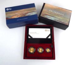 A Royal Mint 3-coin set commemorating Britannia, The Spirit of a Nation comprising a £50, a £25