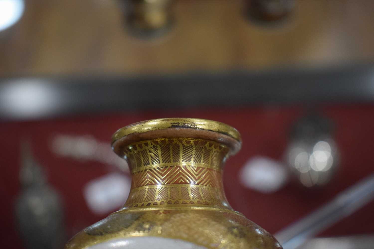 A pair of satsuma vases of squared baluster form, each decorated with traditional figures at - Image 16 of 44