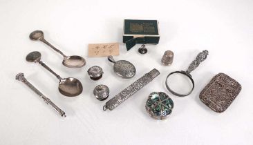 A mixed group of early 20th century and later silver and metalware comprising a pencil sleeve, an