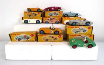 Nine Dinky racing cars: 107 Sunbeam Apline sports x 2, 109 Austin Healey 100 sports x 2, 110 Aston