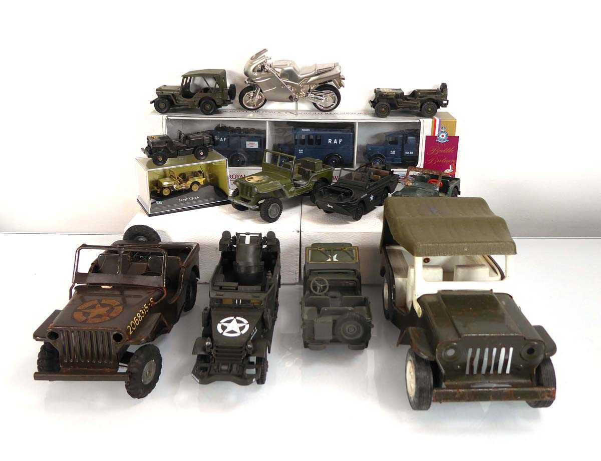 A Tri-ang military jeep, other military models, an RAF set and other accessories (qty) Playworn