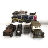 A Tri-ang military jeep, other military models, an RAF set and other accessories (qty) Playworn