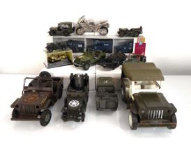 A Tri-ang military jeep, other military models, an RAF set and other accessories (qty) Playworn