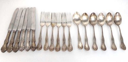 A set of six American silver foliate end dessert forks and six matching dessert spoons, together