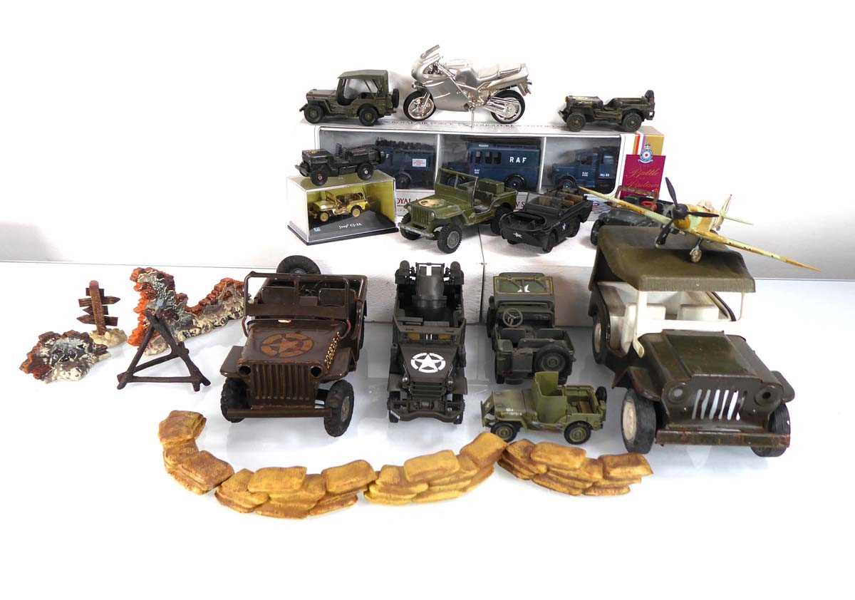 A Tri-ang military jeep, other military models, an RAF set and other accessories (qty) Playworn - Image 2 of 2