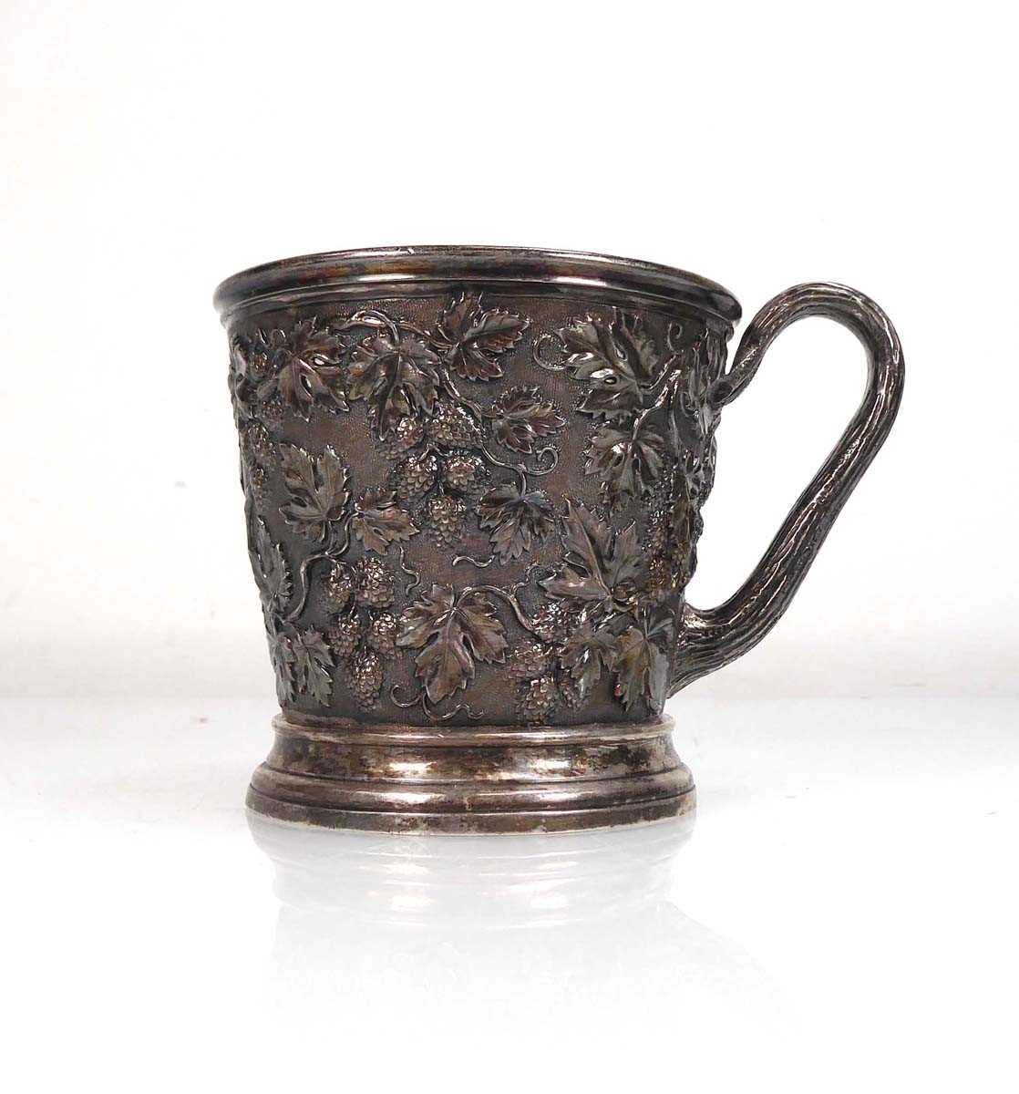 A Victorian silver Christening mug, repousse decorated with vines of hops, John Samuel Hunt,