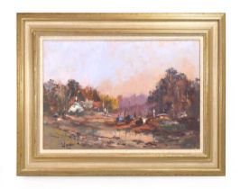 William Davies (b. 1928), 'Low Tide at Twickenham', signed, oil on canvas, 34.5 x 39.5 cm Framed