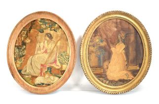 A pair of embroideries on printed silk depicting classical figures, images 30 x 25 cm oval (2)