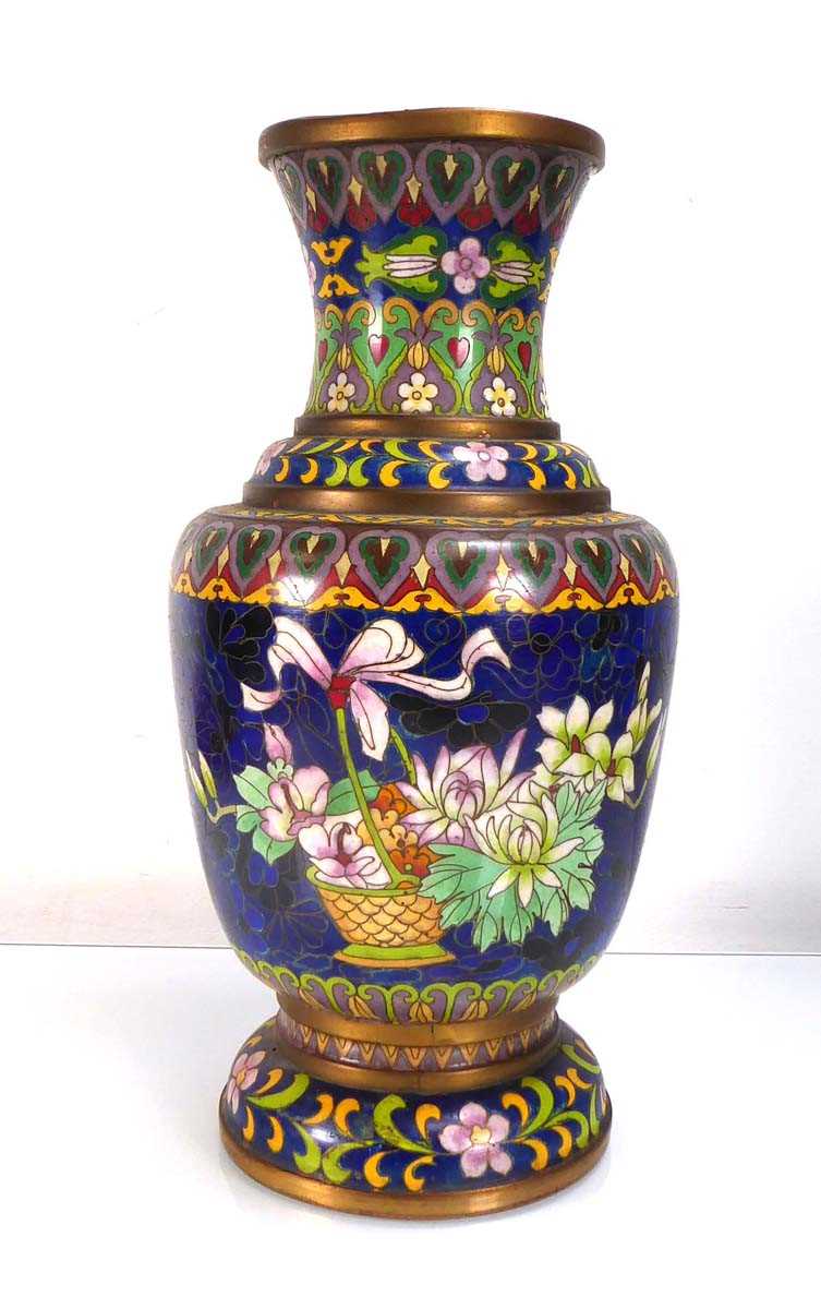 A late 19th century clossoine vase decorated with flowering shrubs and geometric bands, h. 31 cm - Image 2 of 4