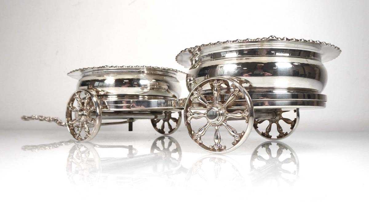 A late 20th century silver two bottle wine trolley, supporting a pair of silver mounted oak wine - Image 3 of 11