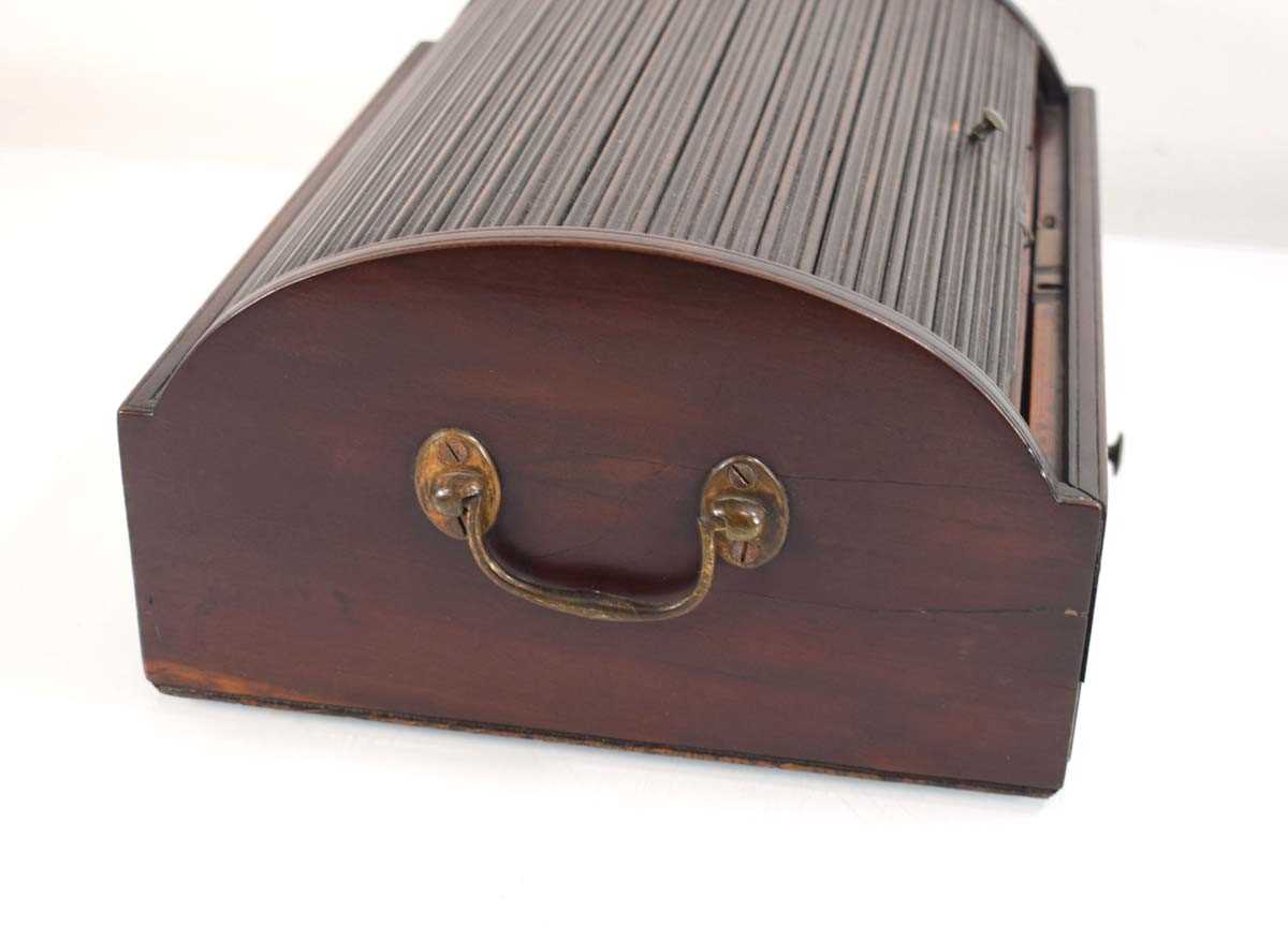 A Victorian mahogany desk tidy, the tambour top enclosing spaces for three inkwells (only one - Image 5 of 5