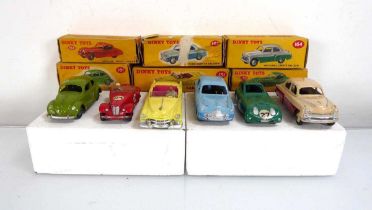 Six Dinky cars: 131 Cadillac tourer, 157 Jaguar XK120 coupe x 2, 162 Ford Zephyr saloon, 164