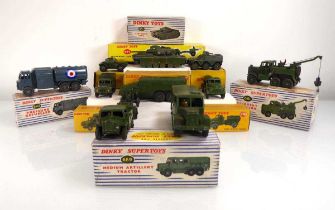 Ten Dinky military models: 641 Army 1 ton cargo truck, 642 pressure refueler, 643 Army water tanker,