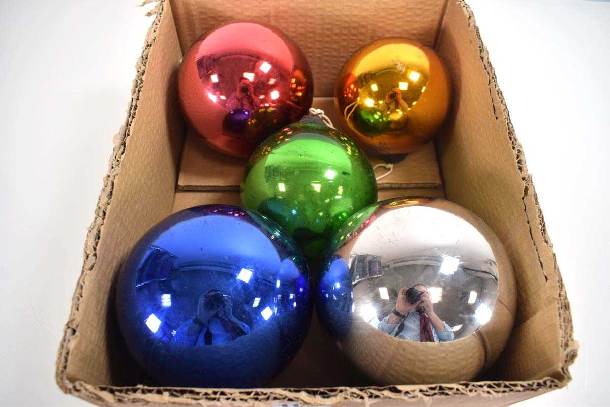 A group of five 'witches balls' in red, gold, blue, green and silver (5) dia.of largest ball approx.