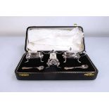 A silver five piece cruet set of typical form maker S Ltd., Birmingham 1961, cased Lid to pepper