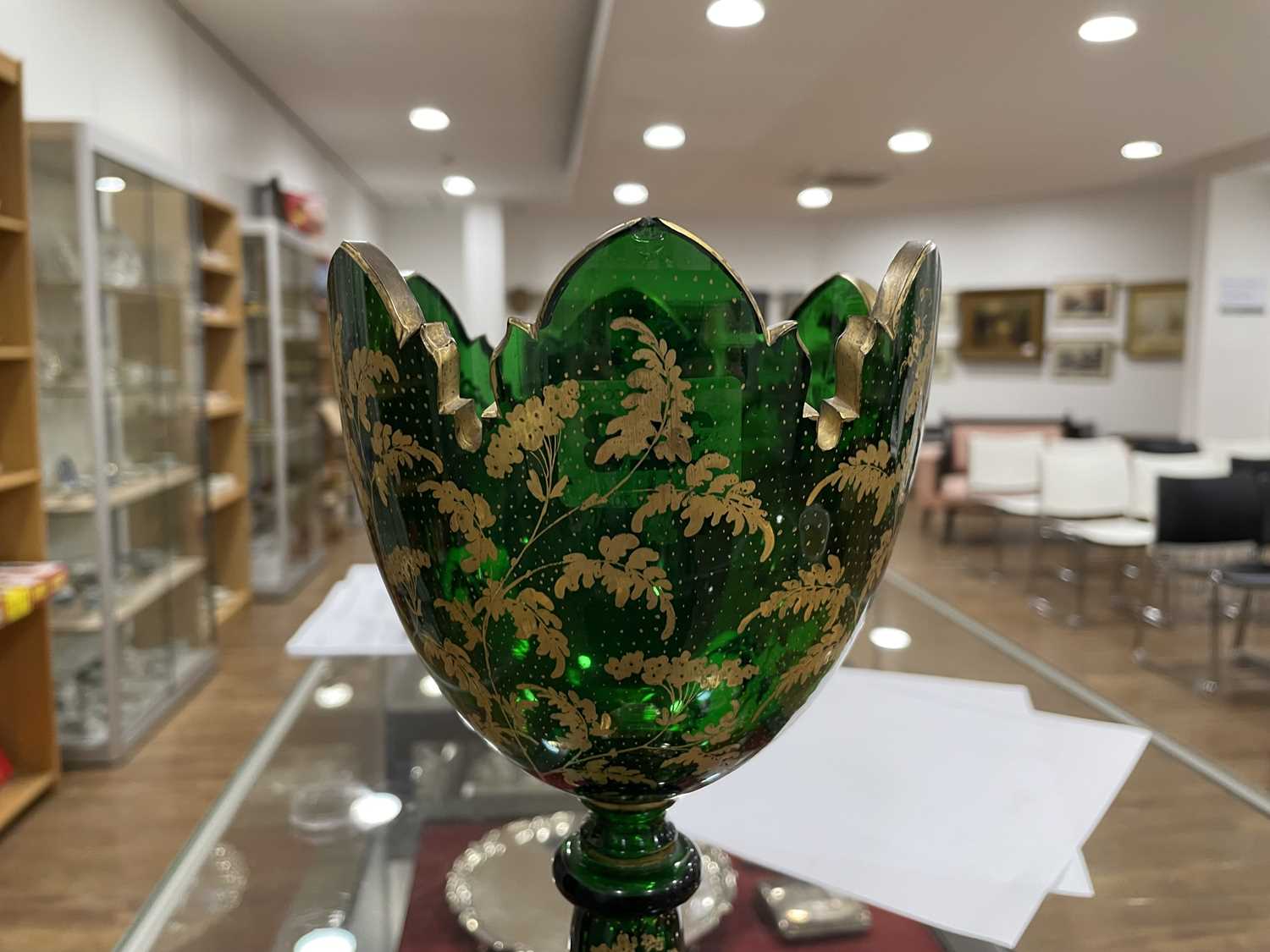 A Bohemian green glass vase of goblet form decorated with a pair of putti within a gilt fern - Image 14 of 26