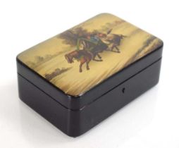 A Russian black lacquer box decorated with figures on horseback in a snowy ground, 14.5 x 9.5 x 6