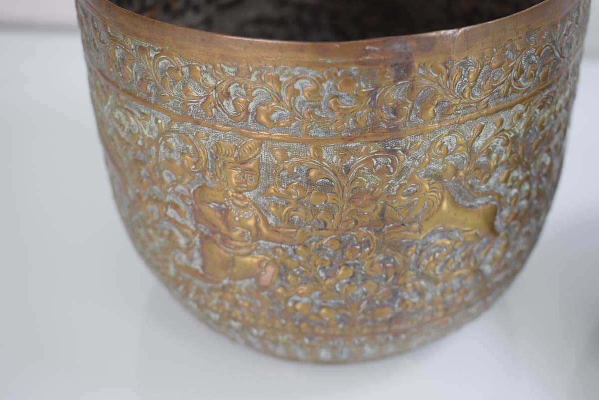 A South East Asian brass bowl relief decorated with figures in a garden landscape, di. 15.5 cm, h. - Image 4 of 4