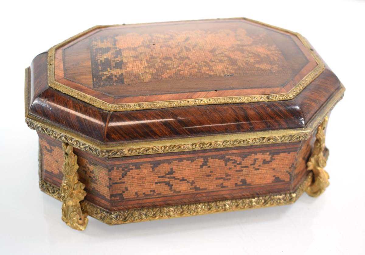 A 19th century Tunbridge ware and kingwood jewellery box of octagonal casket form, with brass - Image 4 of 5