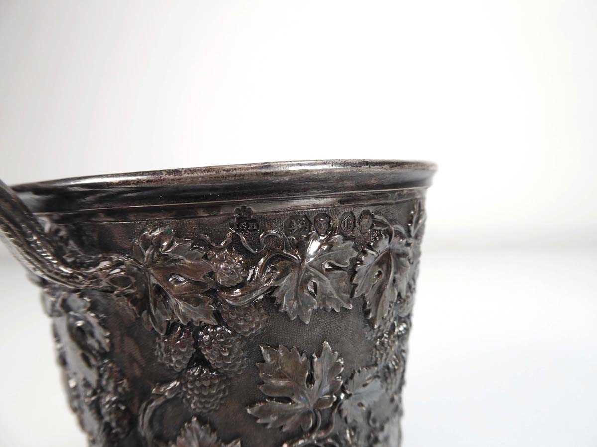 A Victorian silver Christening mug, repousse decorated with vines of hops, John Samuel Hunt, - Image 6 of 6