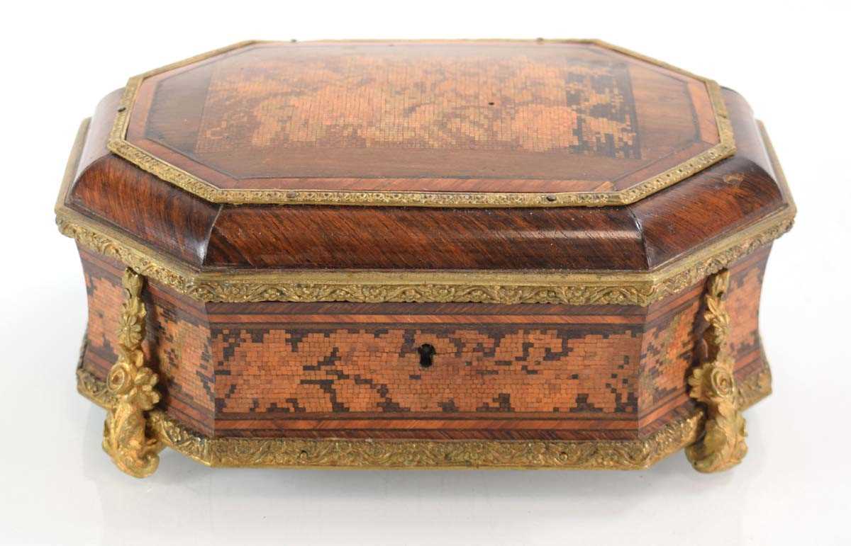 A 19th century Tunbridge ware and kingwood jewellery box of octagonal casket form, with brass - Image 2 of 5