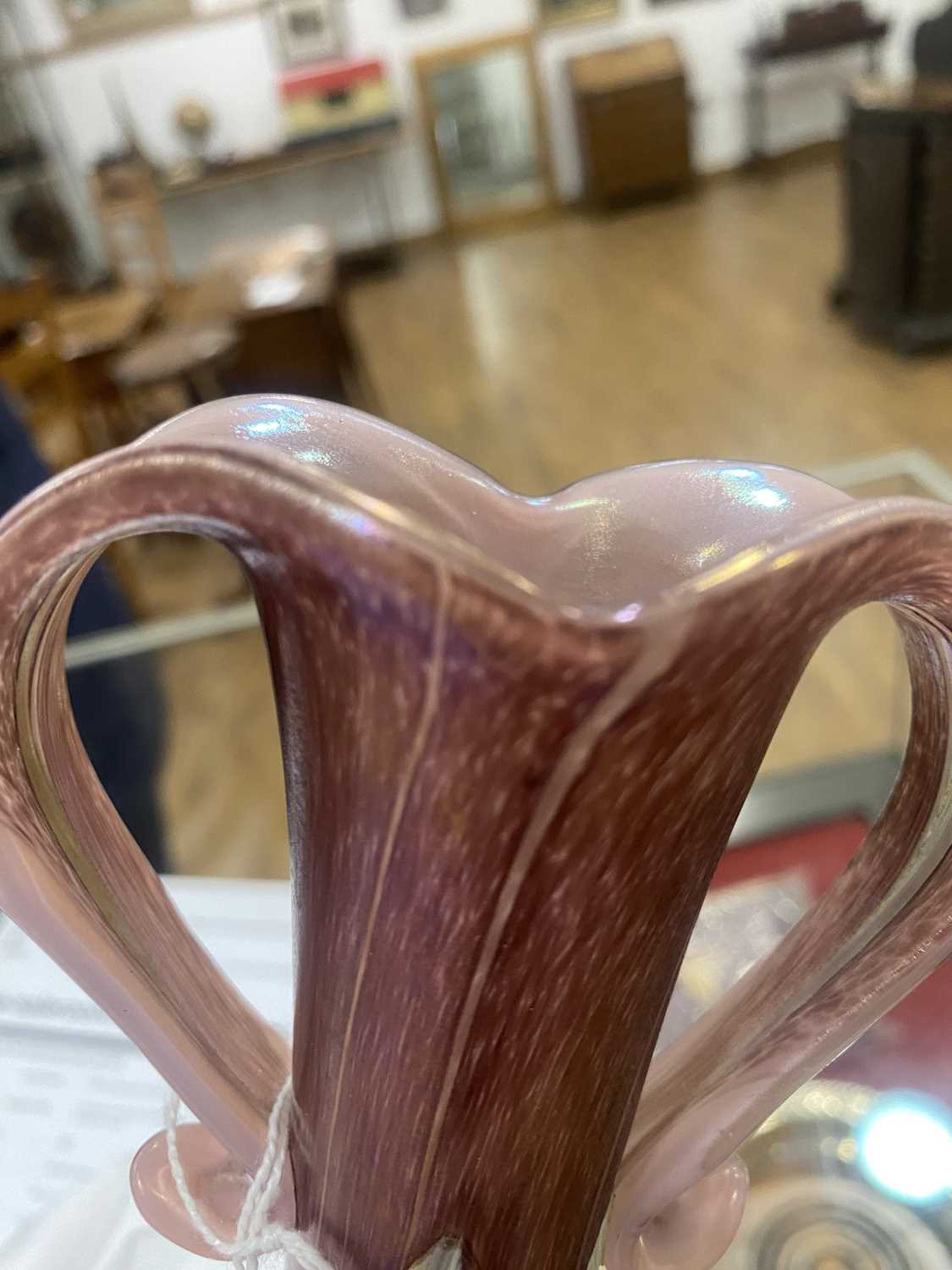 A Loetz style two handled pink and opaline iridescent glass vase of flared Art Nouveau design, in - Image 11 of 19