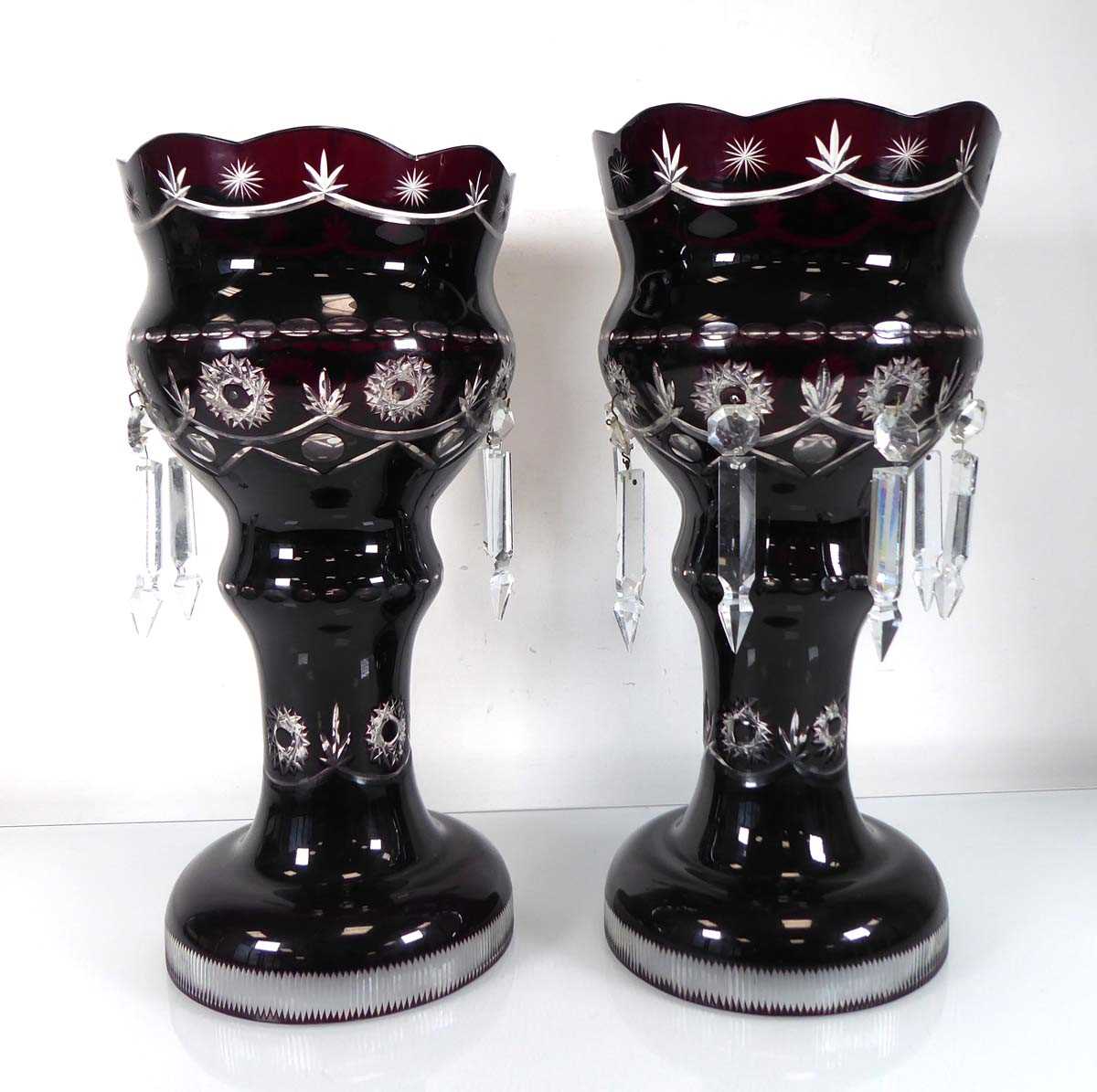 A pair of deep cranberry glass table lustres of typical form, h. 36 cm (2) - Image 2 of 3