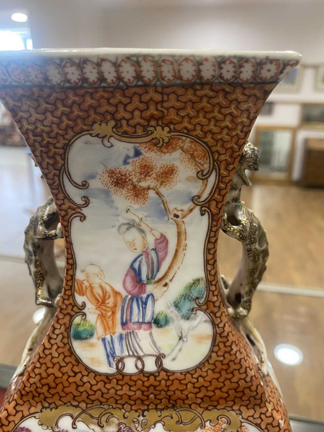 A Chinese Export slab vase decorated in coloured enamels with figures at leisure within a rust - Image 6 of 18