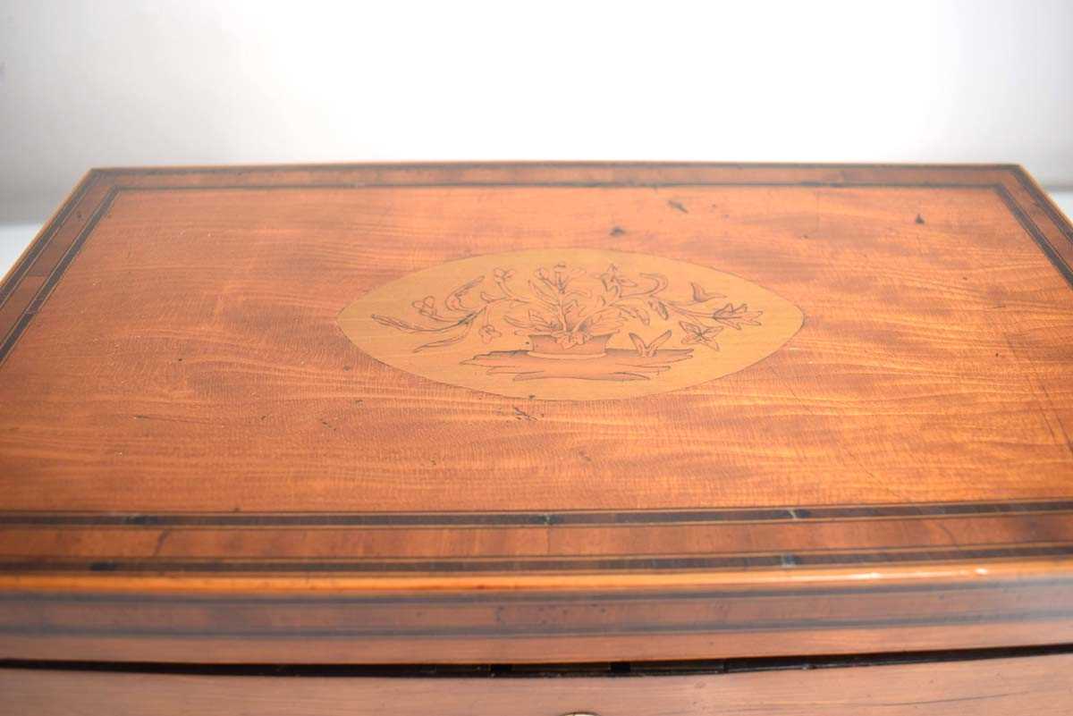 An early 19th century satinwood, walnut banded and marquetry tea caddy, the interior with two - Image 2 of 4