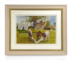 Edward Walker (1879-1955), Cattle by a washing line, signed, watercolour, 24 x 33.5 cm Framed and