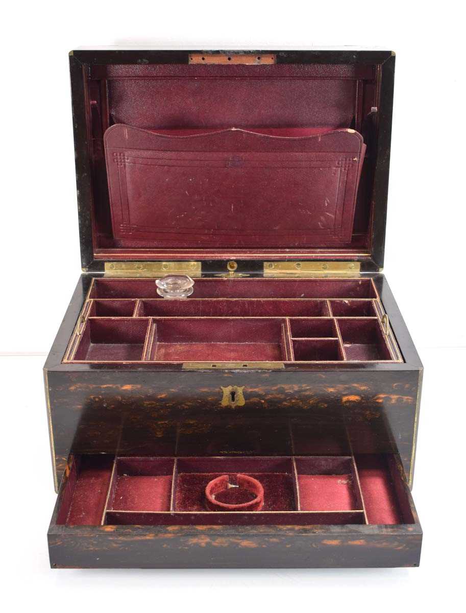 A 19th century coromandel and brass mounted desk box with a fitted interior, 33 x 23 x 18 cm - Bild 2 aus 3