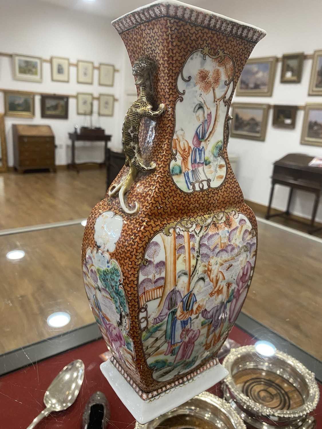 A Chinese Export slab vase decorated in coloured enamels with figures at leisure within a rust - Image 18 of 18