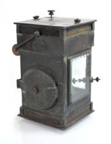 A late Victorian square copper railway lantern with bevelled glass and turned wooden handle, with