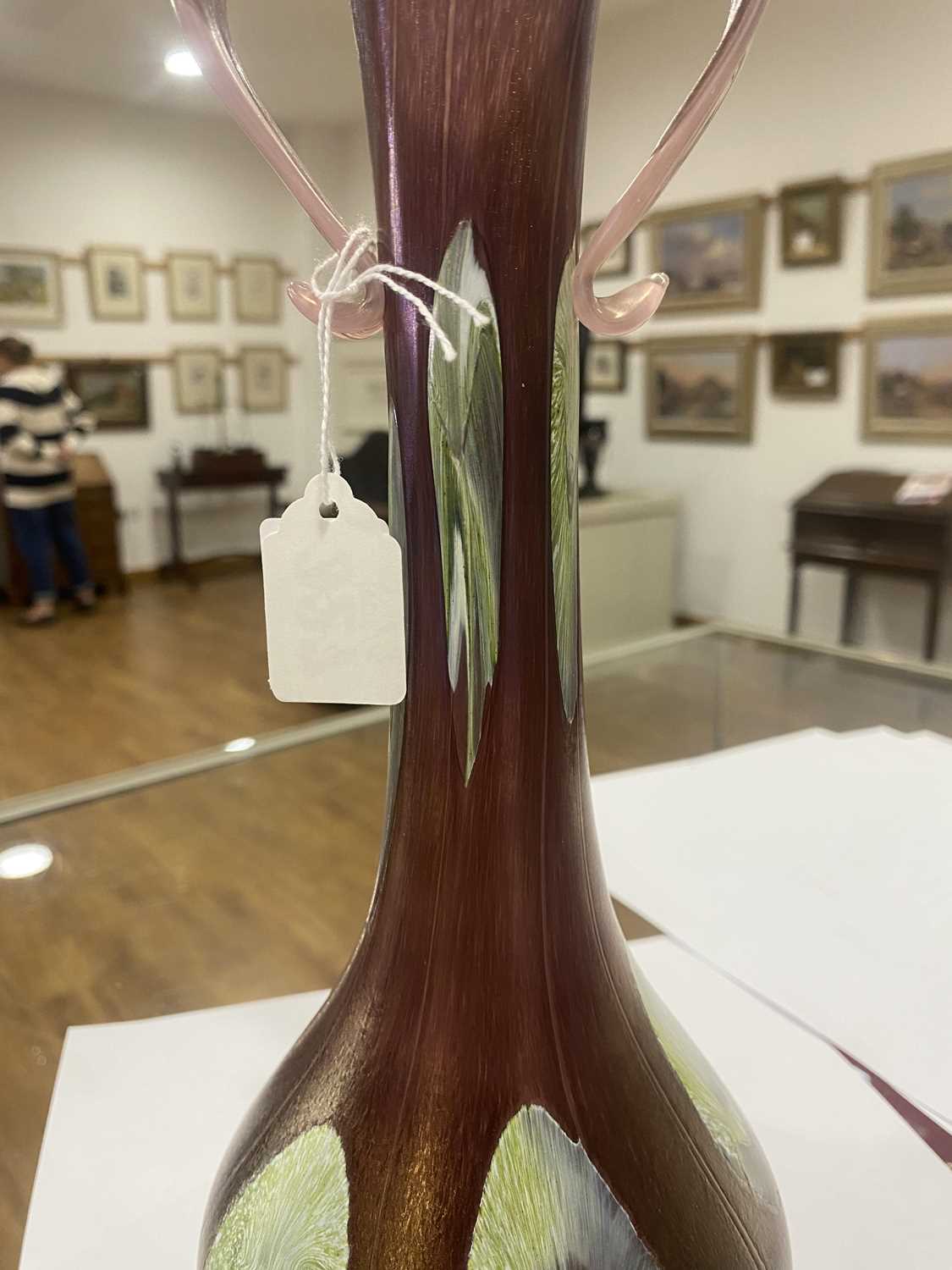A Loetz style two handled pink and opaline iridescent glass vase of flared Art Nouveau design, in - Image 19 of 19