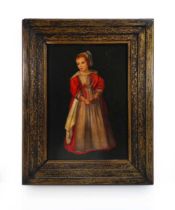 English School, Young girl in Tudor dress, unsigned, oil on board, 32.5 x 22 cm Framed. In need of