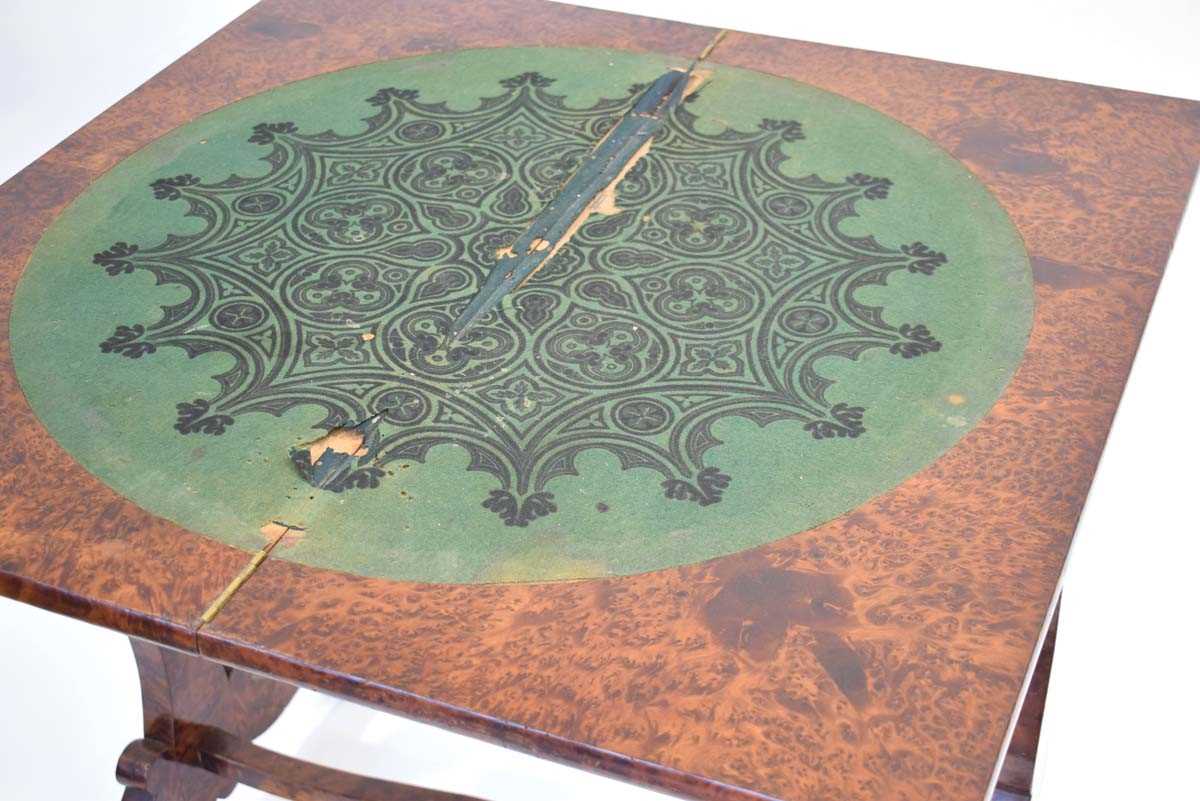 A 19th century burr walnut and 'scumbled' card table, the folding surface over a plain frieze on - Image 5 of 5