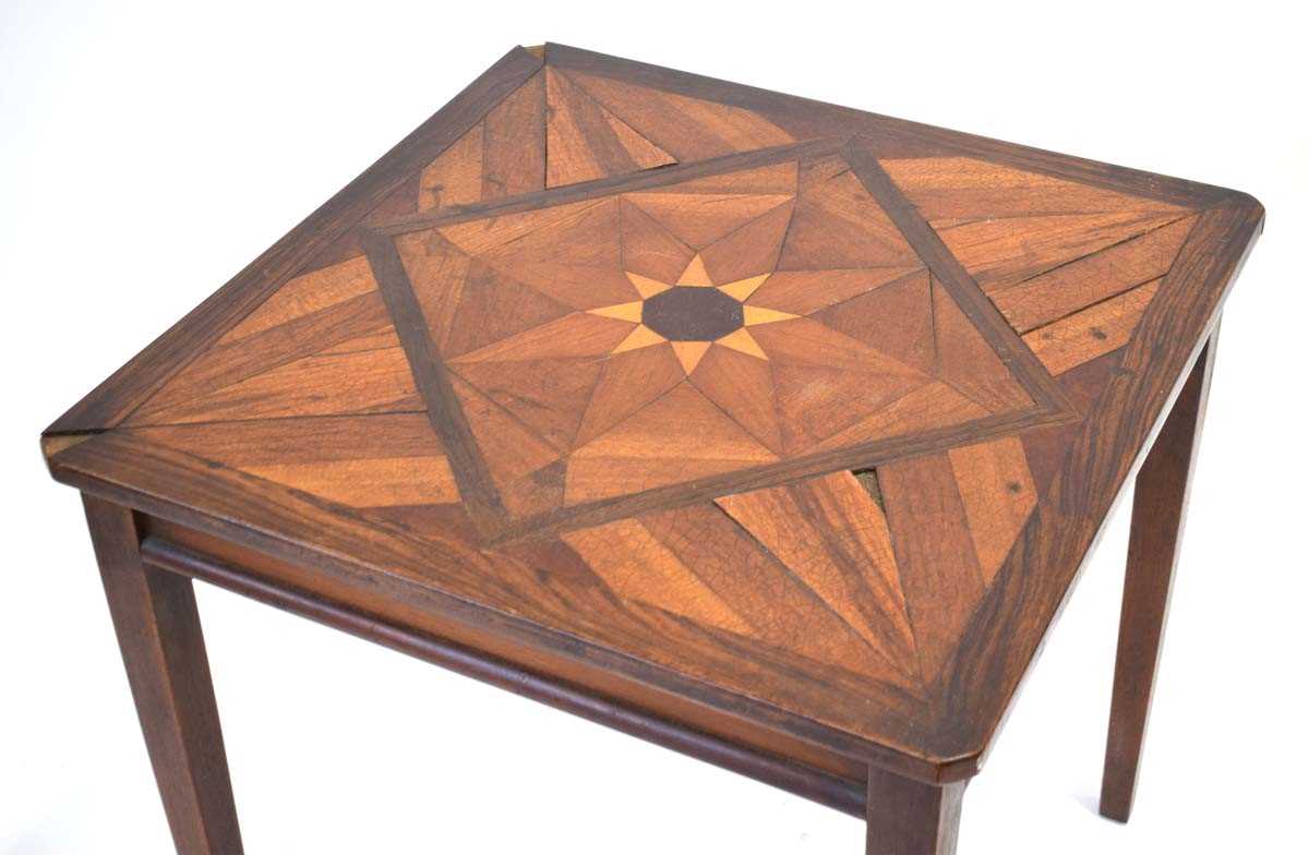 A late 19th/early 20th century marquetry table, the square surface in a floral pattern, on square - Image 2 of 2