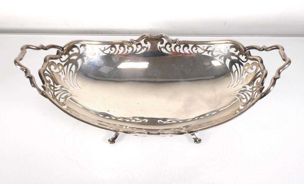 An early 20th century silver two handled basket of oval on four scrolled feet, W&R Sorley, Sheffield - Image 2 of 2