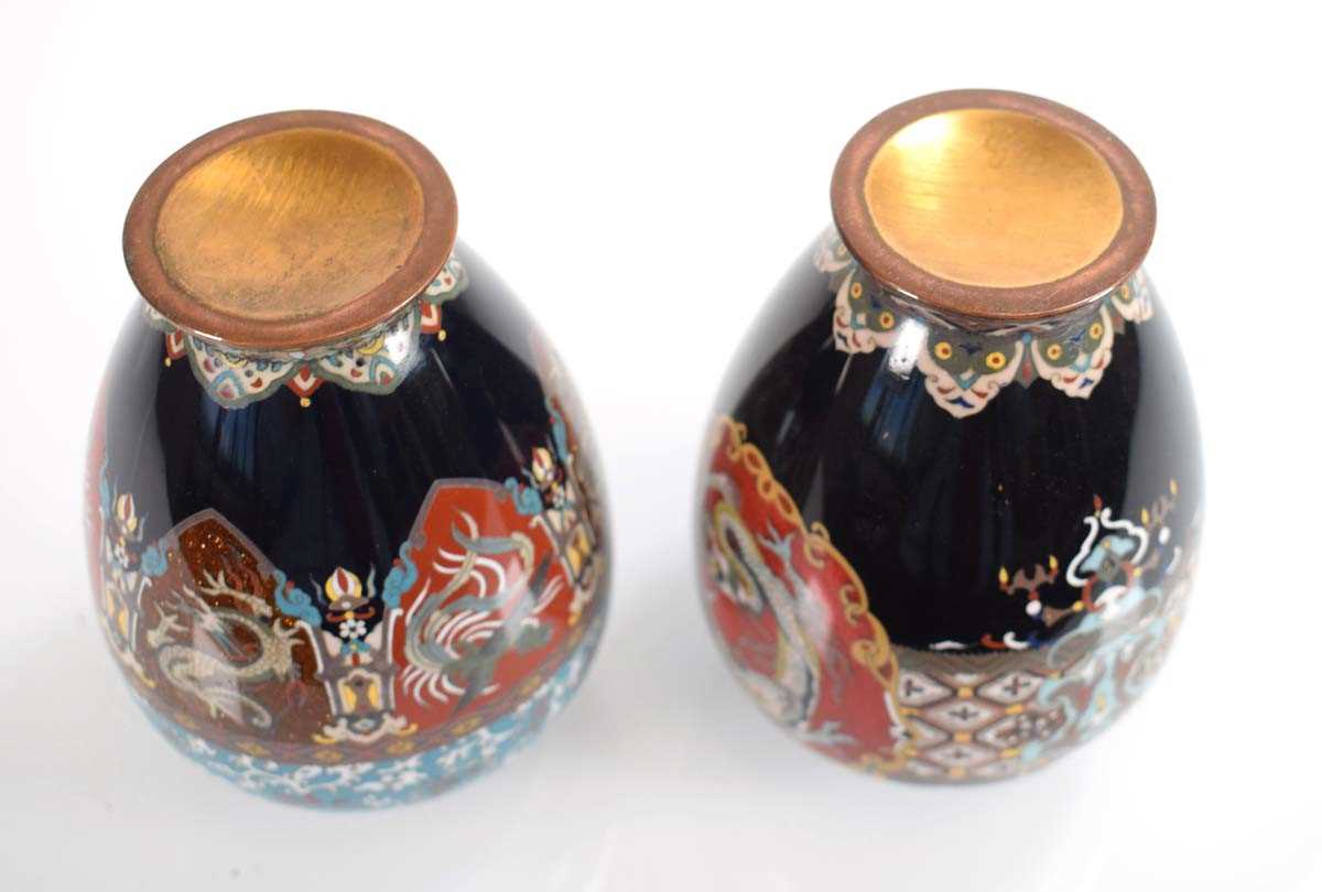 A near pair of cloisonné vases of slender form, each decorated with serpents, birds and floral - Image 3 of 3