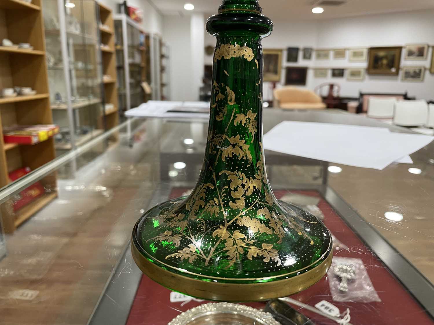 A Bohemian green glass vase of goblet form decorated with a pair of putti within a gilt fern - Image 21 of 26