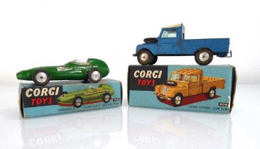 Two Corgi models: 150 Vanwall Formula 1 Grand Prix and 406 Land Rover 109WB, both boxed Playworn