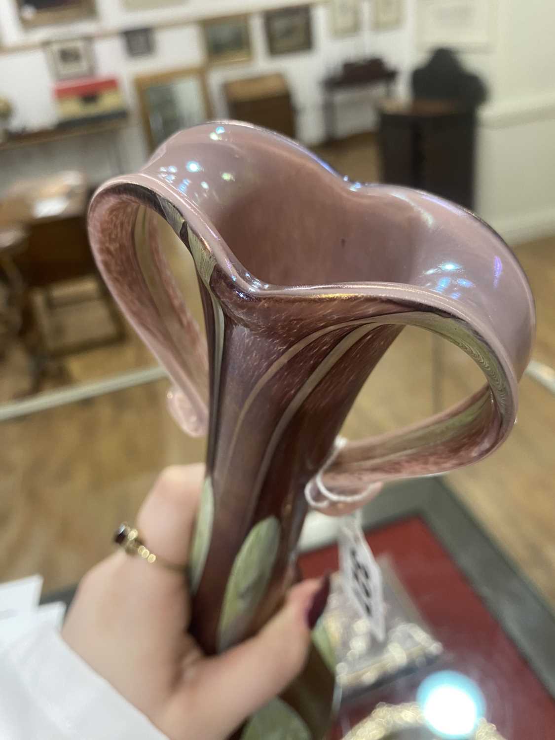 A Loetz style two handled pink and opaline iridescent glass vase of flared Art Nouveau design, in - Image 10 of 19