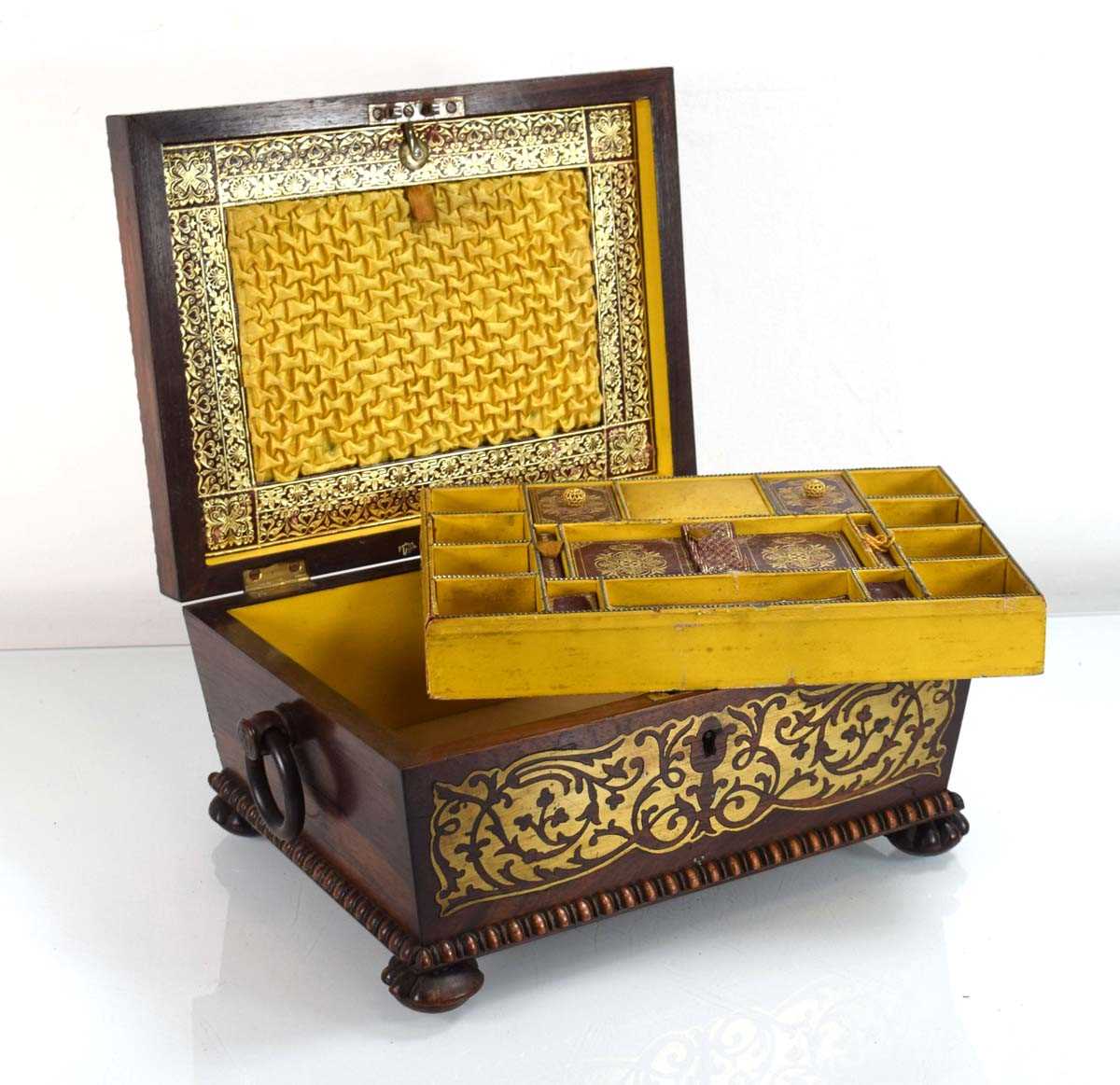 A Regency rosewood and brass inlaid jewellery box of sarcophagus form, the fitted interior with a - Image 3 of 3